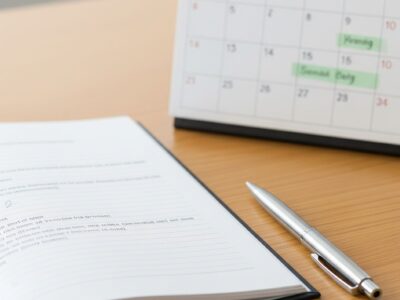Elementos gráficos sutis que remetam a documentos (como um contrato aberto sobre uma mesa com uma caneta ao lado) ou um calendário com datas marcadas (de forma positiva, sem conotação de espera excessiva)