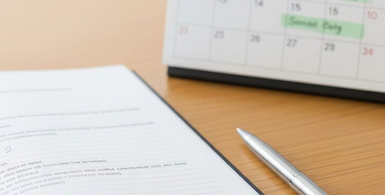 Elementos gráficos sutis que remetam a documentos (como um contrato aberto sobre uma mesa com uma caneta ao lado) ou um calendário com datas marcadas (de forma positiva, sem conotação de espera excessiva)