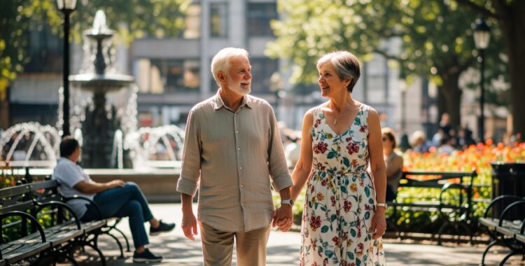 Casal de idosos caminhando tranquilamente em um parque urbano ou praça.